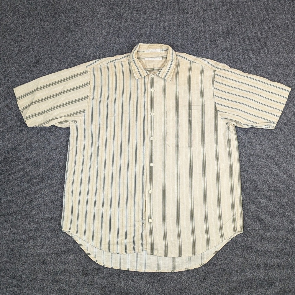 Perry Ellis Mens XL Linen Blend Striped Short Sleeve Button Down Shirt Beige